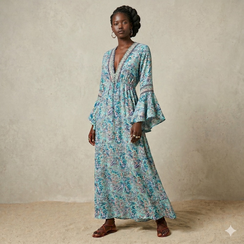 Wevez 100% Silk Teal Floral Bell Sleeve Boho Chic Maxi Dress Resort Derby Small